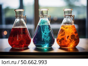 Colorful chemical and biological substances contained in erlenmeyer flasks showing crystallization. Стоковое AI-изображение, AI-художник Иван Рябоконь / Фотобанк Лори