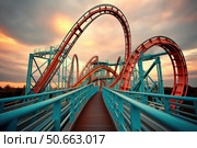 Rollercoaster tracks rising into the sunset sky at amusement park. Стоковое AI-изображение, AI-художник Иван Рябоконь / Фотобанк Лори