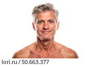 Man, middle-aged, muscular physique, gray hair, white background, healthy look, confident stance, fitness promotion. Стоковое AI-изображение, AI-художник Павел Муравьев / Фотобанк Лори