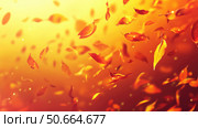 Flung autumn leaves in various shades of orange and red creating dynamic vibrant abstract background ideal for seasonal designs. Стоковое AI-изображение, AI-художник Елена Никишина / Фотобанк Лори