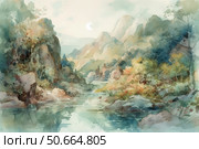 Watercolor illustration of a picturesque mountain landscape with a river gently meandering between rocks and trees. The painting is done in a soft, pastel palette with elements of autumn foliage reflected in calm water. In the distance, hills and high mountains are visible, immersed in a light haze. The composition conveys a sense of silence, peace and natural harmony. Ideal for interior design, books, postcards, posters and meditative projects. Стоковое AI-изображение, AI-художник Анна Кривицкая / Фотобанк Лори