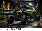 A futuristic combat device resembling a hybrid of a large-caliber gun and a military drone on a wheeled platform. The machine is made in green camouflage colors and is equipped with a powerful sight, numerous modules and a reinforced chassis. The action takes place in an industrial room with dim lighting, creating a tense, technogenic atmosphere. The image is ideal for the theme of future military technologies, defense, robotics and the weapons industry. Стоковое AI-изображение, AI-художник Анна Кривицкая / Фотобанк Лори