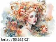 An artistic portrait of a young woman with delicate facial features, done in watercolor. Her hair is intertwined with bright flowers and decorative elements, creating a sense of a fairy-tale, almost mythical image. The color palette is soft pastel tones with a predominance of peach, blue and gold. The illustration is inspired by nature, spring and romantic motifs. Suitable for use in projects related to art, cosmetics, fairy tales, spring and women's themes. Стоковое AI-изображение, AI-художник Анна Кривицкая / Фотобанк Лори