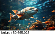A photorealistic image of the underwater world, focusing on a large fish with an unusual coloring - orange and white. The fish swims surrounded by corals, other fish and softly scattered sunlight. In the background is an underwater landscape with reefs and schools of fish. The image conveys the beauty and richness of marine life, creating a sense of depth, tranquility and harmony of nature. Suitable for themes related to the ocean, underwater photography, aquariums, ecology and marine fauna. Стоковое AI-изображение, AI-художник Анна Кривицкая / Фотобанк Лори