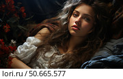 Atmospheric portrait of a young woman with long wavy hair, lying in the semi-darkness against a backdrop of soft fabrics and red flowers. Her face is illuminated by soft directional light, emphasizing her expressive features and deep gaze. The woman is dressed in a white romantic blouse with lace, creating an image in the spirit of the Pre-Raphaelites or classical painting. The warm and intimate scene conveys a mood of solitude, thoughtfulness and inner silence. Стоковое AI-изображение, AI-художник Анна Кривицкая / Фотобанк Лори