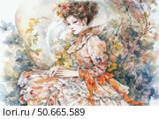 Watercolor illustration of a young woman in a luxurious vintage dress with a floral pattern, decorated with orange ribbons. Her sophisticated image is complemented by an elegant hairstyle with flowers and a thin lace collar. The background is filled with bright leaves and flowers, creating an atmosphere of tenderness, romance and magic. The work is done in the Art Nouveau style with elements of classical European painting. Стоковое AI-изображение, AI-художник Анна Кривицкая / Фотобанк Лори