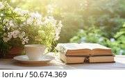 nature coffee on books ai generated. Стоковое AI-изображение, AI-художник Vectorwin / Фотобанк Лори