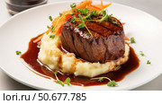 plating filet mignon white background ai generated. Стоковое AI-изображение, AI-художник Vectorwin / Фотобанк Лори