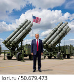 Американский президент Дональд Трамп на фоне зенитных ракетных комплексов. Изображение, сгенерированное искусственным интеллектом (Ai-generated image) Стоковое AI-изображение, AI-художник Цибаев Алексей / Фотобанк Лори