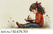A Young Girl Sits on a Grassy Patch, Absorbed in a Book. Стоковое AI-видео, аниматор Sergey Grishin / Фотобанк Лори