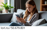 Девушка подросток сидит с телефоном на диване. Стоковое AI-изображение, AI-художник Ирина Гильмуллина / Фотобанк Лори