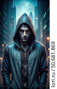 A Darkly Lit Urban Street With A Vampire Rapper in a Black Hood. Generative AI. Стоковое AI-изображение, AI-художник Roman Zavorotny / Фотобанк Лори