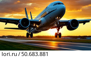 Взлет самолета  в аэропорту на закате. Plane take off. Стоковое AI-изображение, AI-художник Ирина Гильмуллина / Фотобанк Лори