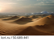 Futuristic city under transparent domes in desert landscape, concept of settlement on Mars. Стоковое AI-изображение, AI-художник Евгений Харитонов / Фотобанк Лори