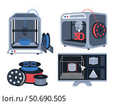 3d-принтеры, пластиковая проволока и компьютерное моделирование. Концепция 3D-печати. Устройства, создающие объект из полимера. Изолированная векторная плоская иллюстрация. Стоковая иллюстрация, иллюстратор Екатерина Салова / Фотобанк Лори