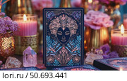 A beautifully designed tarot card featuring a mystical face surrounded by floral patterns. The scene includes candles, crystals, and decorative elements. Стоковое AI-видео, аниматор Ekaterina Ismagilova / Фотобанк Лори