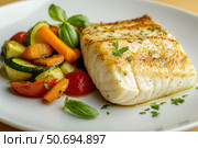 Grilled white fish fillet served with roasted vegetables, fresh herbs, and golden crust. Healthy gourmet dish, fine dining plating, appetizing close-up with rich colors and perfect lighting. Banner. Стоковое AI-изображение, AI-художник Евгений Демидюк / Фотобанк Лори