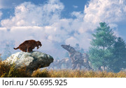 A Eusmilus watches a herd of Paraceratherium. Стоковое фото, фотограф Daniel Eskridge/Stocktrek Images / ТАСС / Фотобанк Лори