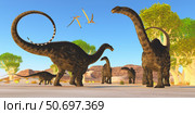 Herd of Apatosaurus dinosaurs wander through a prehistoric forest. Стоковое фото, фотограф Corey Ford/Stocktrek Images / ТАСС / Фотобанк Лори