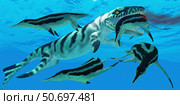 Dolichorhynchops plesiosaurs try to evade a Dakosaurus marine reptile. Стоковое фото, фотограф Corey Ford/Stocktrek Images / ТАСС / Фотобанк Лори