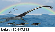Elasmosaurus tries to capture a Dolichorhynchops reptile. Стоковое фото, фотограф Corey Ford/Stocktrek Images / ТАСС / Фотобанк Лори
