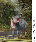 Astrapotherium magnum grazing prehistoric wetlands. Стоковое фото, фотограф Sergey Krasovskiy/Stocktrek Images / ТАСС / Фотобанк Лори