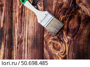 The procedure for protecting and coating wooden boards. The texture of wood treated with stain. Close-up of stain and brush. Стоковое фото, фотограф Photojuli / Фотобанк Лори