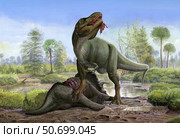 Tyrannosaurus Rex eats the carrion of a dead Triceratops. Стоковое фото, фотограф Sergey Krasovskiy/Stocktrek Images / ТАСС / Фотобанк Лори
