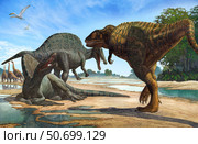 A Carcharodontosaurus invades the territory of two Spinosaurus dinosaurs. Стоковое фото, фотограф Sergey Krasovskiy/Stocktrek Images / ТАСС / Фотобанк Лори