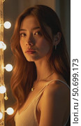 Young Woman Gazes at the Camera With Soft Background Lights, Creating a Warm, Inviting Atmosphere for Photography and Events. Стоковое AI-видео, аниматор Sergey Grishin / Фотобанк Лори