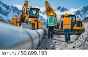 Pipeline construction in a mountainous area. Workers in safety vests and helmets. Стоковое AI-видео, аниматор Екатерина Усенко / Фотобанк Лори