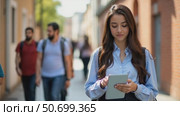 A Young Woman Stands on a Vibrant City Street, Engaged With Her Tablet. Стоковое AI-видео, аниматор Sergey Grishin / Фотобанк Лори