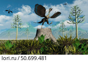 An Archaeopteryx takes flight from atop a tree stump. Стоковое фото, фотограф Mark Stevenson/Stocktrek Images / ТАСС / Фотобанк Лори
