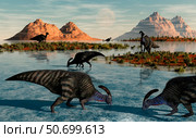 A herd of Parasaurolophus duckbill dinosaurs grazing. Стоковое фото, фотограф Mark Stevenson/Stocktrek Images / ТАСС / Фотобанк Лори