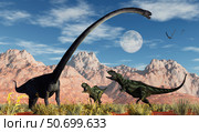 A pair of Yangchuanosaurus dinosaurs confront an Omeisaurus. Стоковое фото, фотограф Mark Stevenson/Stocktrek Images / ТАСС / Фотобанк Лори