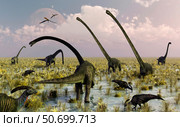 Duckbill dinosaurs and large sauropods share a feeding ground. Стоковое фото, фотограф Mark Stevenson/Stocktrek Images / ТАСС / Фотобанк Лори
