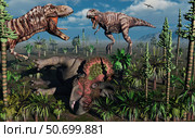 Two T. Rex dinosaurs confront each other over a dead Triceratops (2011 год). Стоковое фото, фотограф Mark Stevenson/Stocktrek Images / ТАСС / Фотобанк Лори