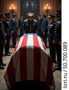 Military honor guard paying respects at flag-draped casket in somber setting. Стоковое AI-изображение, AI-художник KATERINA AI / Фотобанк Лори