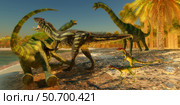 An Allosaurus dinosaur brings down a huge Brachiosaurus. Стоковое фото, фотограф Corey Ford/Stocktrek Images / ТАСС / Фотобанк Лори