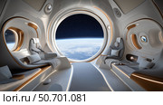 Futuristic spacecraft interior with stunning view of planet from space station. Стоковое AI-изображение, AI-художник Михаил Коханчиков / Фотобанк Лори