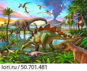 Dinosaurs roaming the wetlands, with a volcano erupting in background. Стоковое фото, фотограф Sergey Krasovskiy/Stocktrek Images / ТАСС / Фотобанк Лори