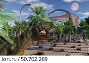 Omeisaurus dinosaurs being stalked by a Yangchuanosaurus. Стоковое фото, фотограф Mark Stevenson/Stocktrek Images / ТАСС / Фотобанк Лори