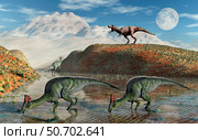 Olorotitan duckbilled dinosaurs being stalked by T-rex. Стоковое фото, фотограф Mark Stevenson/Stocktrek Images / ТАСС / Фотобанк Лори