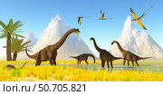 Brachiosaurus dinosaurs eating water plants from a marsh. Стоковое фото, фотограф Corey Ford/Stocktrek Images / ТАСС / Фотобанк Лори