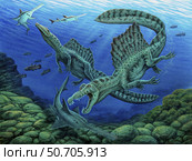 Spinosaurus dinosaurs hunting Onchopristis sawfish. Стоковое фото, фотограф Phil Wilson/Stocktrek Images / ТАСС / Фотобанк Лори