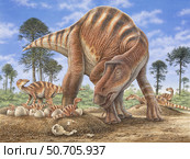Maiasaura caring for its young in their nest. Стоковое фото, фотограф Phil Wilson/Stocktrek Images / ТАСС / Фотобанк Лори