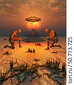 A flying saucer being greeted by evolved transhumans. Стоковое фото, фотограф Mark Stevenson/Stocktrek Images / ТАСС / Фотобанк Лори
