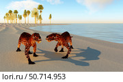 A pair of Lycaenops walking along shoreline during the Permian Period. Стоковое фото, фотограф Corey Ford/Stocktrek Images / ТАСС / Фотобанк Лори