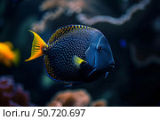 Gem tang swimming in aquarium with coral reef, marine life close up. Стоковое AI-изображение, AI-художник Иван Рябоконь / Фотобанк Лори
