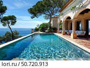Infinity pool overlooking mediterranean sea at luxury villa. Стоковое AI-изображение, AI-художник Иван Рябоконь / Фотобанк Лори